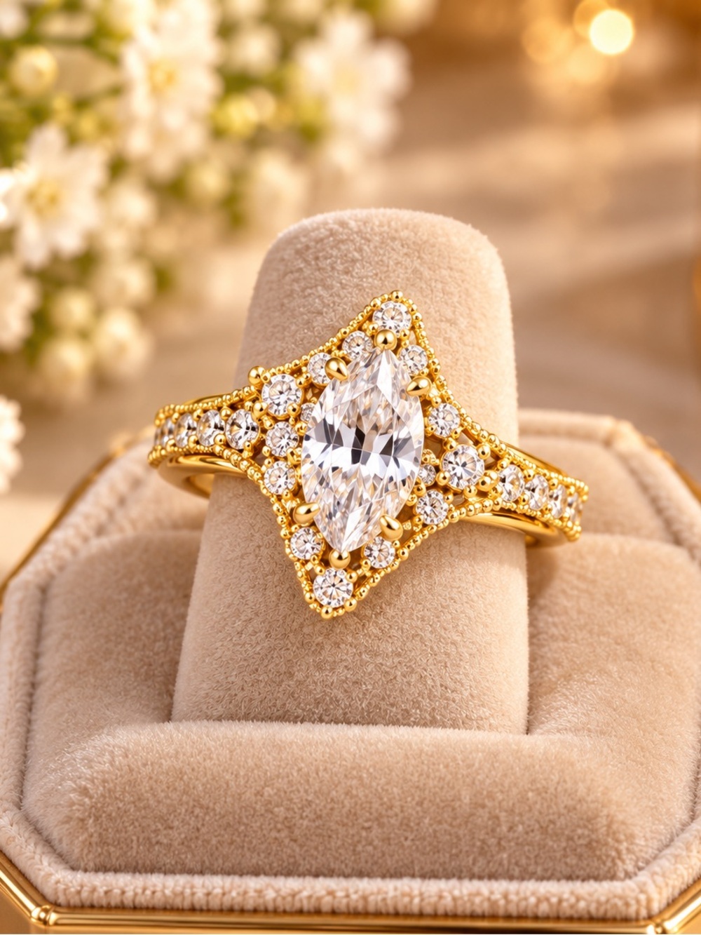 18K Gold Filled Marquise Cut CZ Statement Ring Women Size 7 Cocktail Jewelry